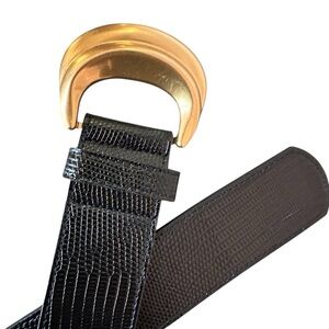 Sophisticated Black Textured Wide Leather Belt with Large Gold Buckle, Size 10